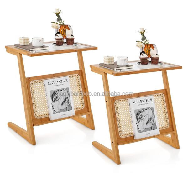 Natural Color Z-Shaped Bamboo And Rattan End Table With Glass Top And Magazine Rack