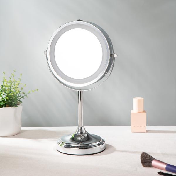 Round Metal Standing Makeup Mirror With Led Lights And Tower Shape Holder