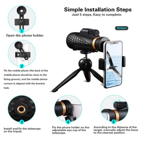 Monocular Telescope 12X50 Waterproof Telescope, High Definition Prism, Adults Compact Monocular with Phone Holder a