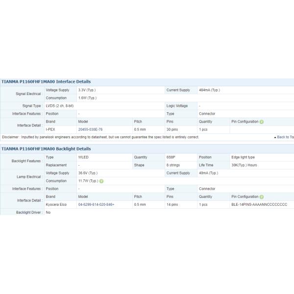 P1160FHF1MA00 TIANMA 11.6" 1920(RGB)×1080, 1600 cd/m² INDUSTRIAL LCD DISPLAY