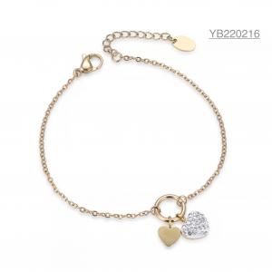 China 16cm Double Heart Rhinestone Bangle 14k Gold Stainless Romantic Bracelets For Her on sale