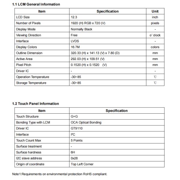 12.3 Inch 1920x720 LCD Display With 800 Nits For Industrial Monitors