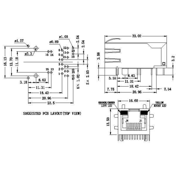 Bel 0826-1X1-GH-F POE Plus Rj45 Magjack Gigabit Extend IEEE802.3at LPJK6064AONL