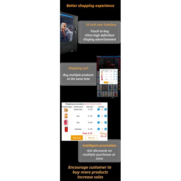 Big Touchscreen Combo Snack And Soda Advertisement Sprial Cash Payment English Language Vending Machine For Euro Market