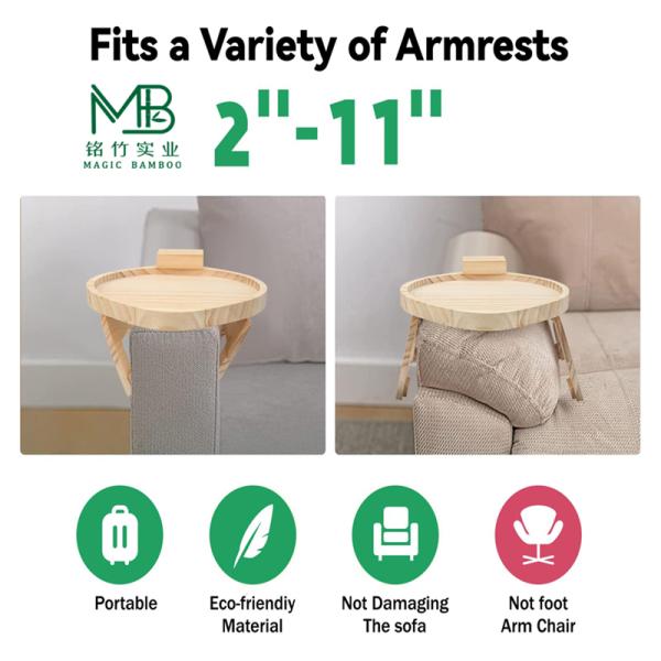 Custom Bamboo Sofa Arm Tray With 360° Rotatable Phone Holder For Living Room