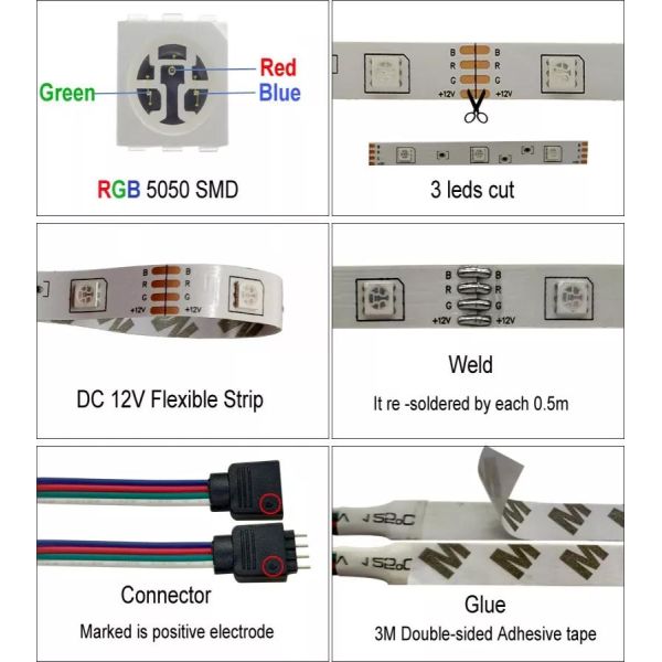 12w 12v 24v 10mm 60 Leds Rgb 5050 Smd Flexible Led Strip Light with and Multi Colors