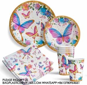 Quality Birthday Party Decoration Festival Tableware Paper Plates Cups Purple Butterfly Party Supplies for sale