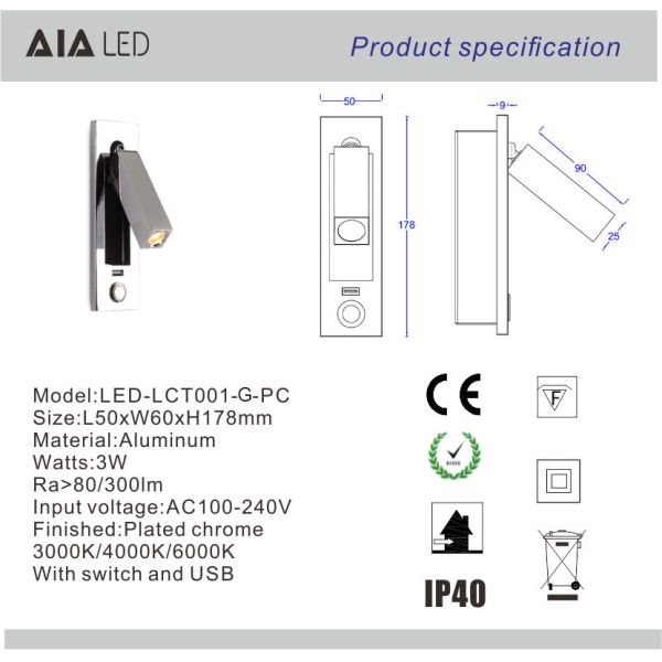 Recessed mounted USB reading wall lamps flexible 3W led bed wall light bedside wall light
