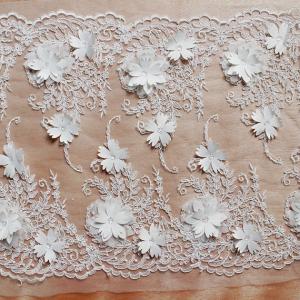 China Beautiful White 3D Flower Lace Fabric , Double Edge Alencon Beaded Lace Fabric on sale