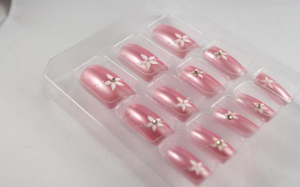 Buy 3D Pink Flower Fingers Fake Nails Glass Stone , Fingers Nail Art Manicure at wholesale prices