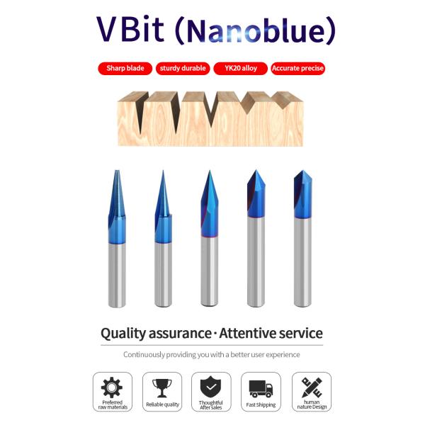 1/4 Shank Blue Coating V Type Solid Carbide Wood Cutter Tools Customizable OEM Engraving Router Bits for Woodworking