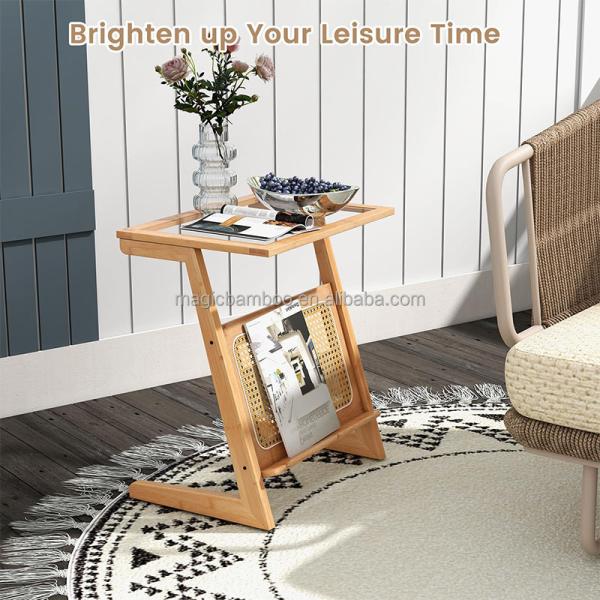 Natural Color Z-Shaped Bamboo And Rattan End Table With Glass Top And Magazine Rack