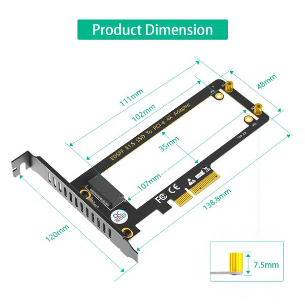 PCI-E 4.0 4X to NVMe Adapter for E1.S SSD 9.5mm 15mm 25mm with Heat Sink