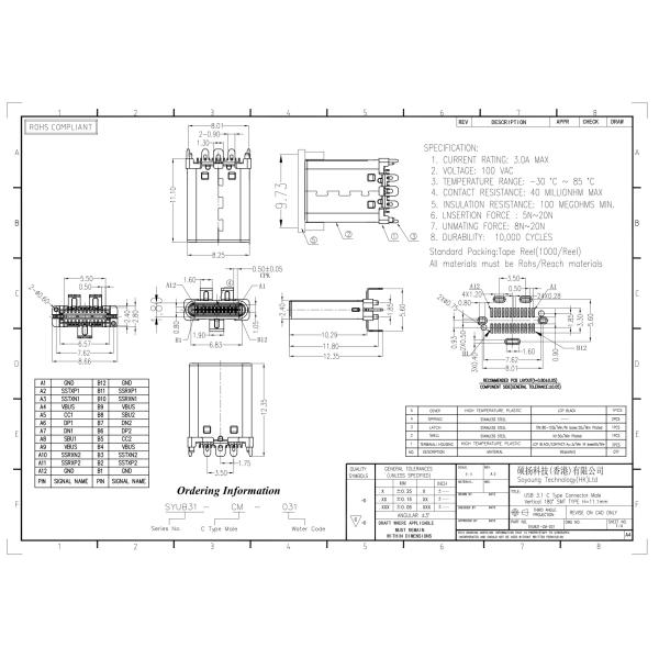Usb Type C 3.1 24Pin Connector Male Vertical 180° SMT Type H=11.1mm Life Test:10000 Cycles Min