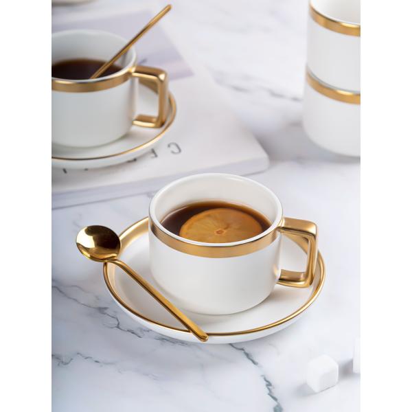 Matte White Ceramic Porcelain Coffee Tea Cups Saucers Sets With Gold Handle 250ml Volume