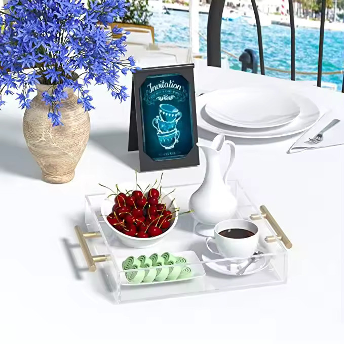 10X10 Inches Square Acrylic Tray With Metal Handles Organizer For Tea Or Coffee