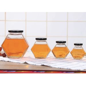 250ml-750ml Glass Honey Jars With Lids , Hexagon Glass Jars Clear Color