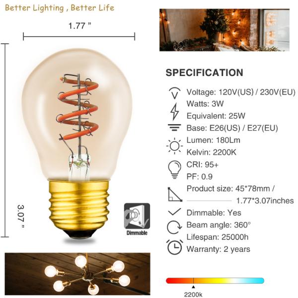 Spiral LED Soft Filament Bulb G45 4W 2200k LED Light Bulb 230V For Decorative