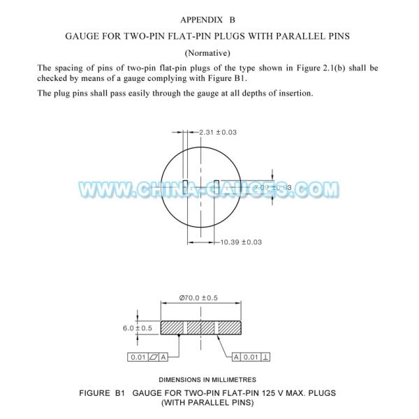 AS/NZS 3112 Figure B1 Gauge for Two-Pin Flat-Pin 125 V Max. Plugs (With Parallel Pins)