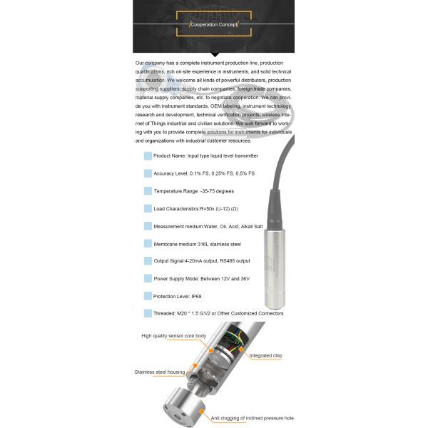 IP68 Intelligent Level Transmitter 316L Stainless Steel Pressure Level Transmitter OEM ODM