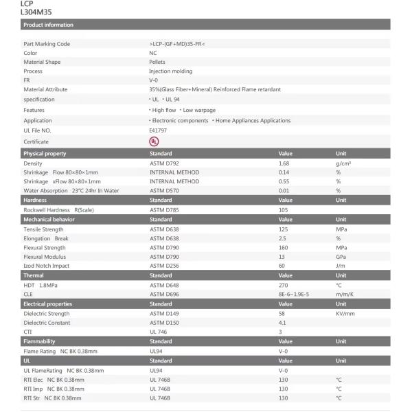 L304M35 Liquid Crystal Polymer Resin Low Warping High Flow Lcp Gf 40