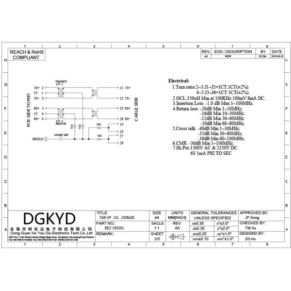 Customized 1000M 33.0mm Single Port 10 Pin Rj45 Connector with Transformer / Leds