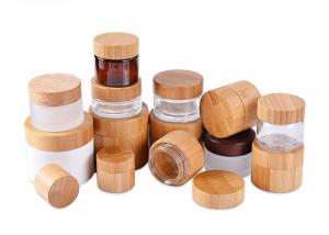 China 5grams Amber Glass Cosmetic Jar Glass Lip Balm Containers With Bamboo Screw Lid on sale