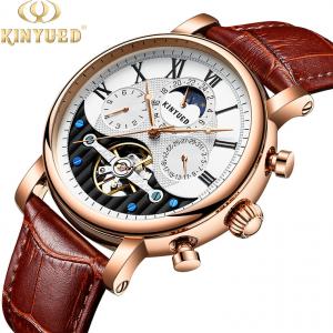 Quality KINYUED Factory Customized Clock Movement Moon Phase Leather Strap Watch Mens Automatic Watch for sale