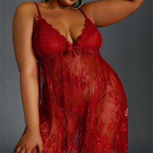 Quality Black Plus Size See Through Lace Dress Robe Babydoll Strap Chemise Nightgown V Neck Nighty Mesh Sleepwear for sale