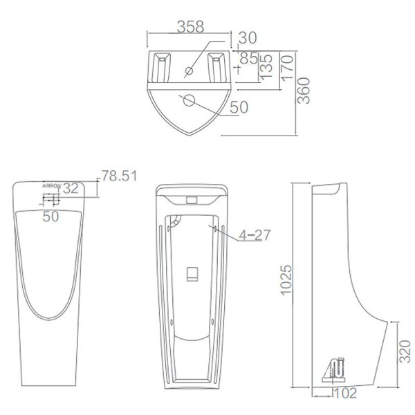 358x360x1025mm Floor Standing Urinal , Ceramic Sensor Flush Urinal For Men