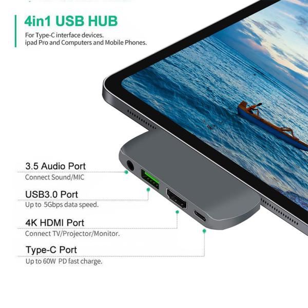 4 In1 Type C HDMI Hub To 4K HDMI USB3.0 PD 60W Charging Audio