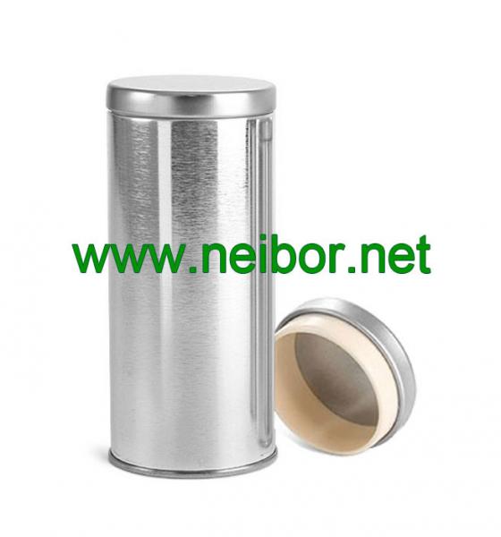 silver round tea tin container with airtight plastic seal lid