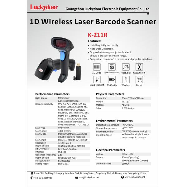 Luckydoor K-211R Warehouse Reliable Performance Portable 1D Reader Wireless Barcode Scanner Gun