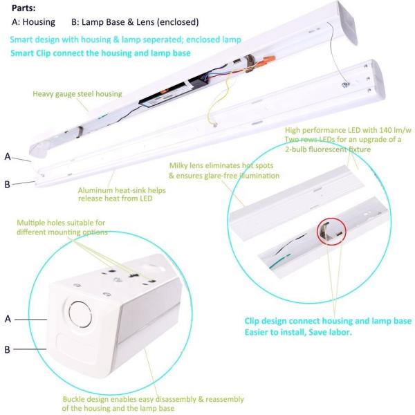 Dimmer Support 5- 2ft 4ft 8ft 46W 38W 30W LED Linear Strip Light Fixtures for Office
