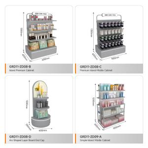 Retail Store Stand Grey Wooden Island Cabinet For Space-Saving Shop Table And