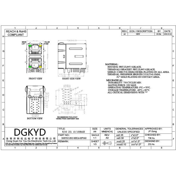 Shielded Right Angle 10P8C 2X1 RJ45 Multiple Port Connectors With LED