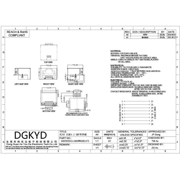 SMD Sinking Plate Type 8P8C Modular Female RJ45 LED Connector DGKYDCB421188GWW6SB1075