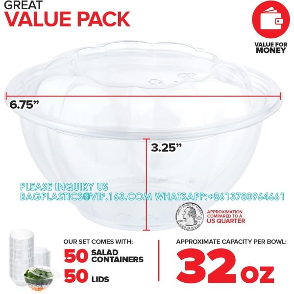 32oz Clear Plastic Salad Bowls With Lids Disposable (50 Pack) Medium Takeout Container With Snap On Lid For Fruit