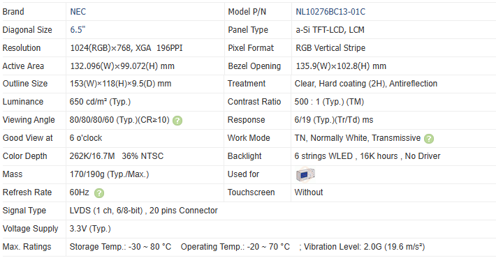 6.5Inch XGA Resolution 1024*768 Lcd Panel NL10276BC13-01C High Vibration Level For Industrial Application