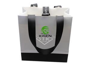 Quality 150 * 160 * 80mm Recycled Coated Paper Bags , Black / White Retail Bags With Logo for sale