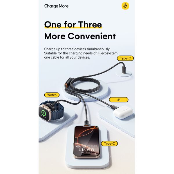 ESSAGER ES-X66 Series 100W USB C to USB C+L+Wireless Watch Charger 3 in 1 Cable