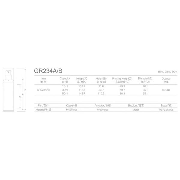 GR234A/B Series Airless Pump Bottles 0.2ml Dosage Aluminum 15ml 30ml 50ml