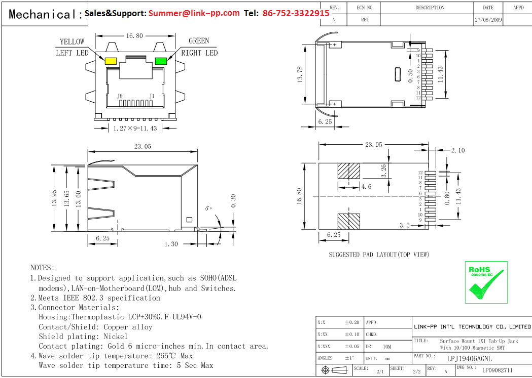 RJSL-002TC1 SMT RJ45 Connector LPJ19406AGNL Single Port With 10 / 100 Magnetic