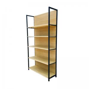 Quality Wooden Shelf Supermarket Display Rack With Four Black Column Customzied for sale