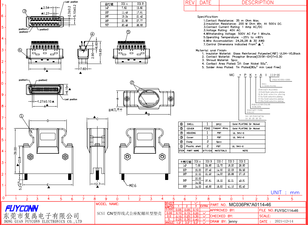 14 Pin Solder Type SCSI Cable Connector MDR Mini D Ribbon I/O Connector
