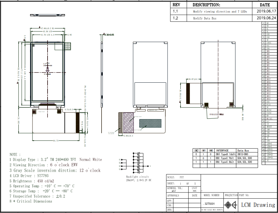 3.2 Inch 240X320 12 0'CLOCK TFT LCD ST7793 IPS TFT LCD Module