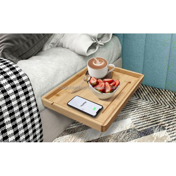 Bamboo Bedside Board Shelf With Mobile Phone Tablet Holder for Other Home Storage Organization