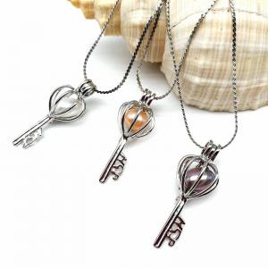China Antique Silver Key Locket Cage Charms Necklaces Pendants with 6-7mm Rice Shape Real Freshwater Pearl on sale