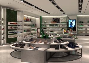 Quality Fashion Shoe Display Wall Shelves , Round Footwear Display Stands MDF Material for sale