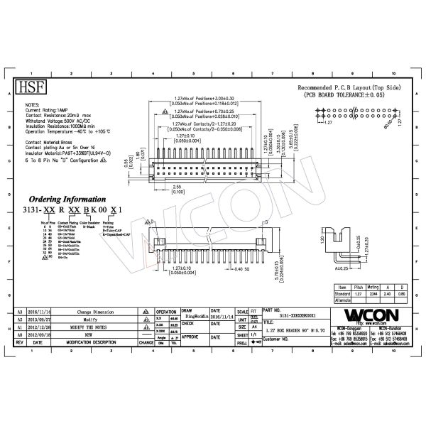 1.27 Pitch 90 Degrees Bend Pcb Power Connector 1AMP 20mΩ Max 500V AC/DC